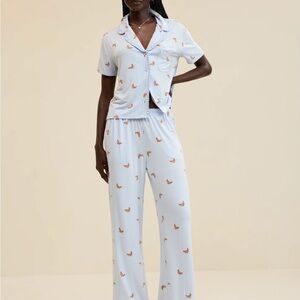 Aerie “like new” Top and Bottom Croissant Print Light Blue Pajama Set
